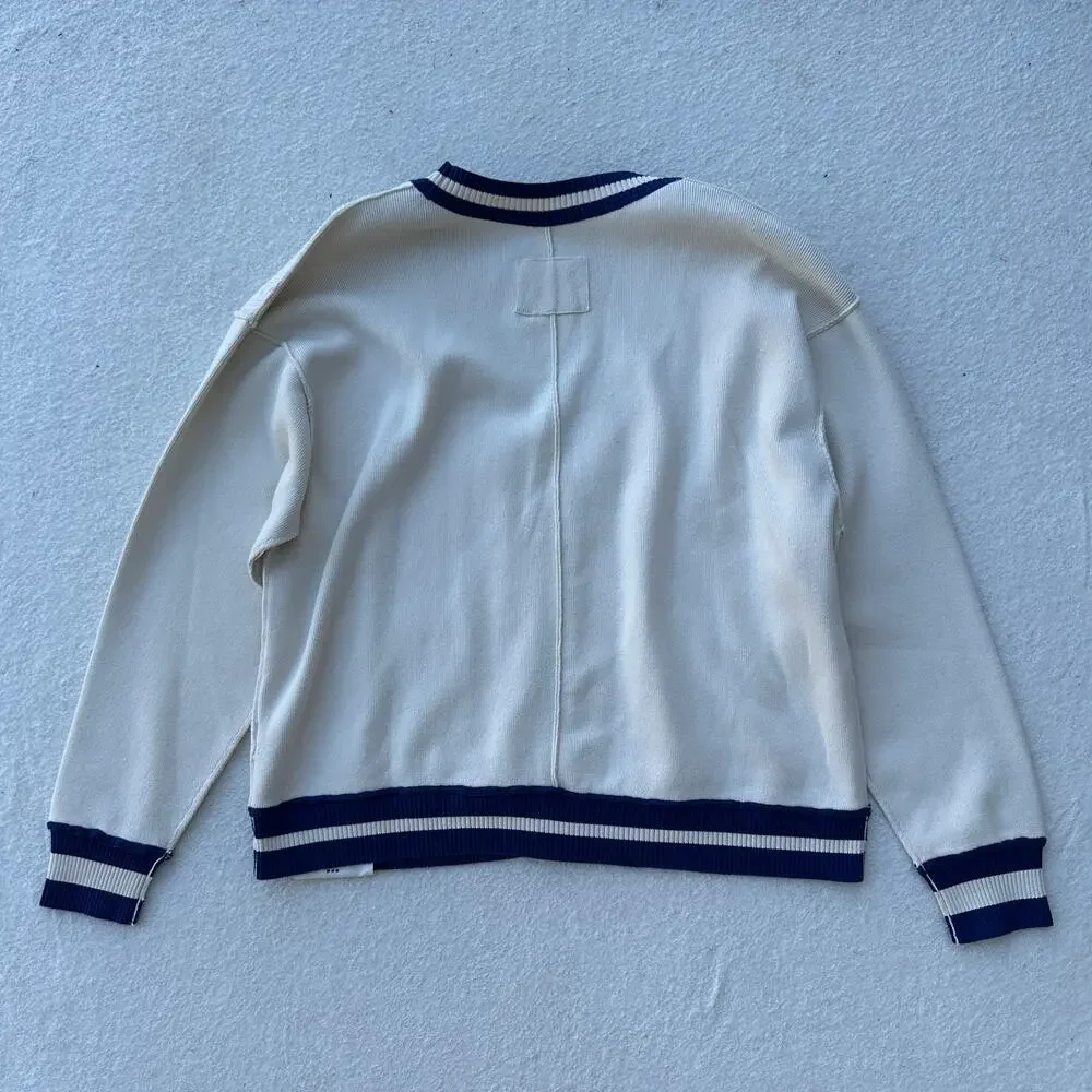 Free People We The Free Varsity Cardigan Women's XS Ecru Blue Slouchy Cable Knit - Picture 7 of 9